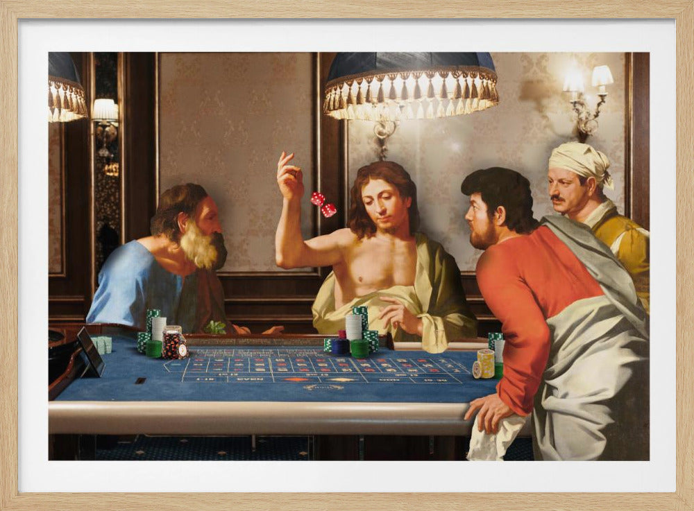 A classical-style painting depicting Jesus Christ and other biblical figures gathered around a blue craps table in a casino. Jesus is at the center, mid-throw, tossing a pair of red dice into the air as the others watch intently. Poster