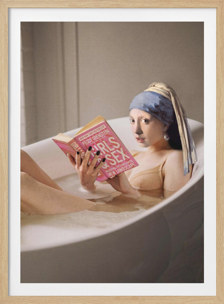 A modern reinterpretation of Vermeer's 'Girl with a Pearl Earring', featuring a woman dressed in the iconic blue and yellow headscarf and pearl earring, sitting in a bubble bath while reading a bright pink book titled 'Girls & Sex'. Wall Art