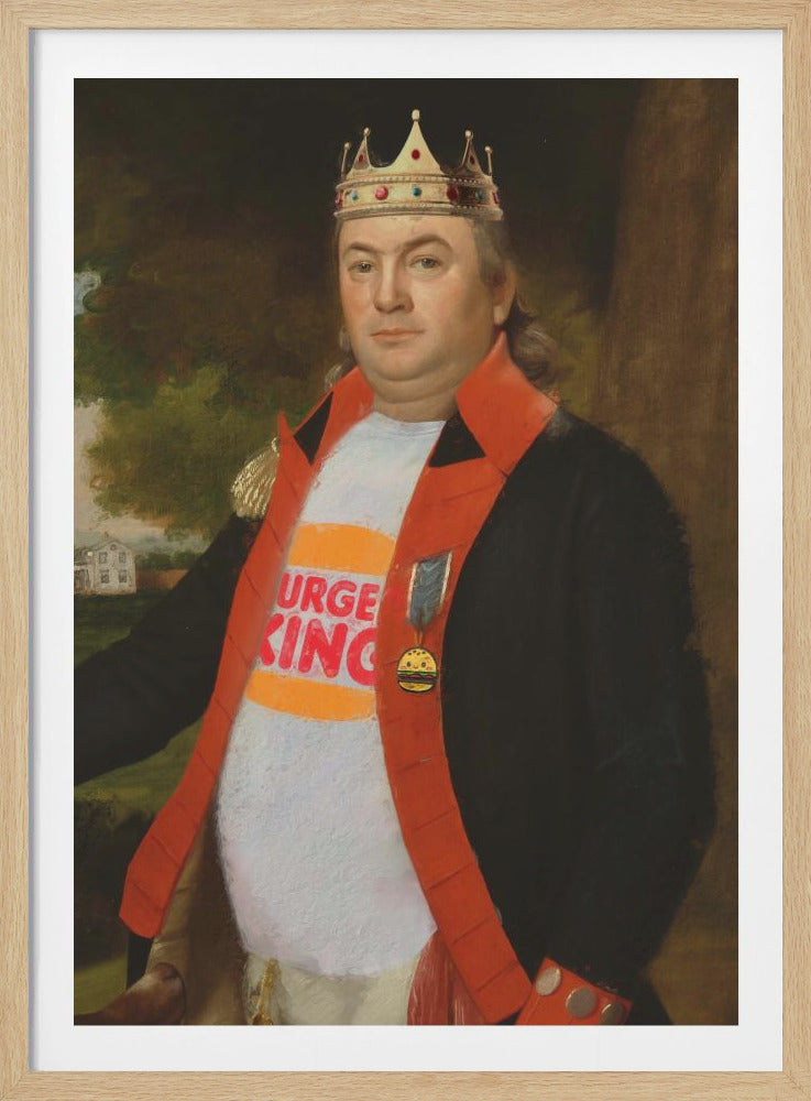 A humorous classical-style oil painting of a portly man wearing a royal crown, a black jacket, and a red sash over a modern white t-shirt featuring the Burger King logo. Decor