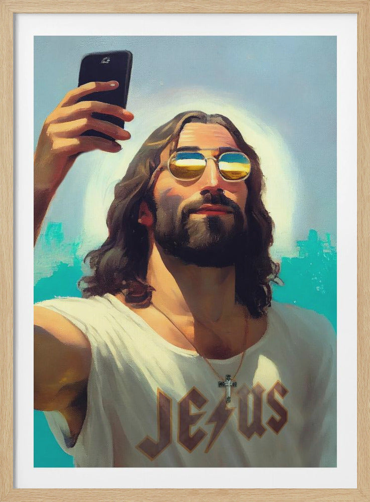 A humorous painting of Jesus Christ taking a selfie with a smartphone, wearing modern aviator sunglasses and a white t-shirt with 'JESUS' written in a rock band font, with a bright halo and blue sky in the background. Decor