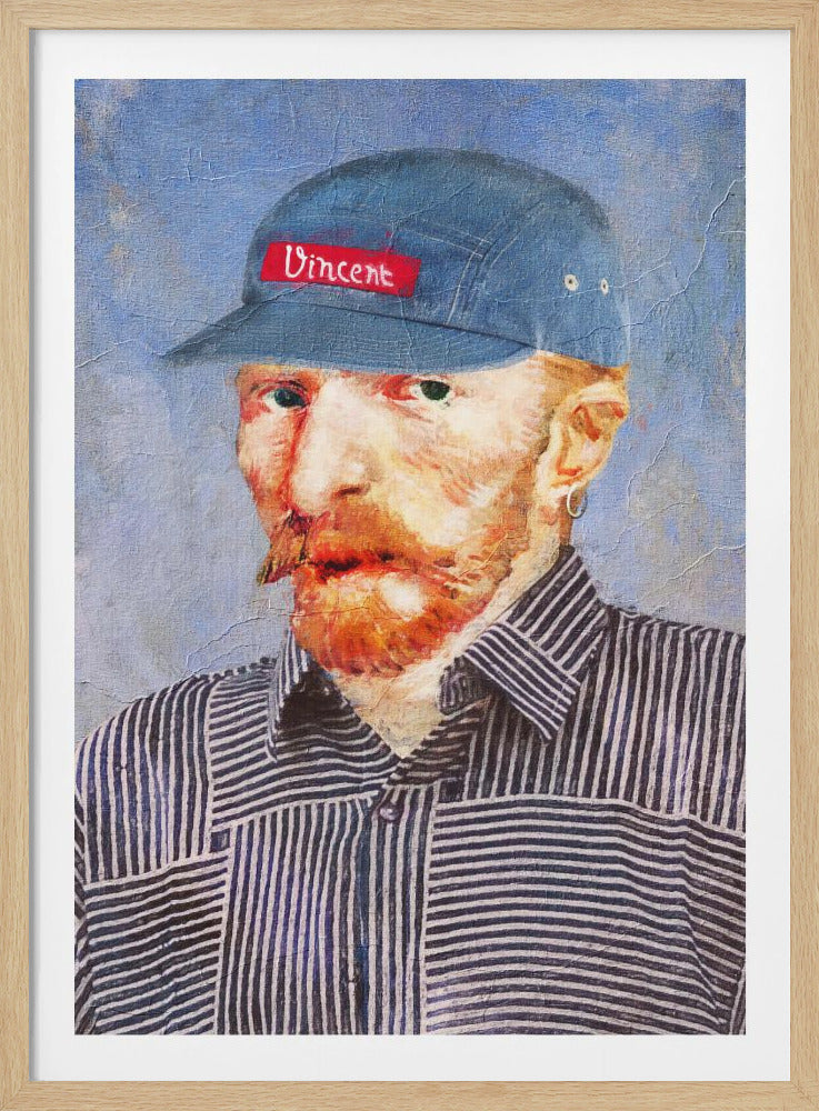 A modern reinterpretation of a classic Vincent van Gogh self-portrait. The artist is depicted wearing a contemporary blue baseball cap with his name 'Vincent' on a red patch, and a black and white striped button-down shirt. The painting retains his iconic impressionistic style, with a textured light blue background. Decor