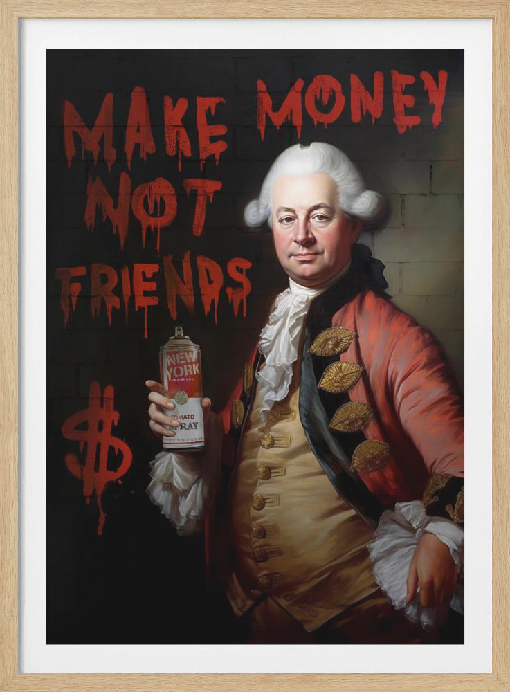 A classical portrait of an 18th-century nobleman holding a spray paint can, standing in front of a dark brick wall with red graffiti that reads 'MAKE MONEY NOT FRIENDS' and a dollar sign. Print