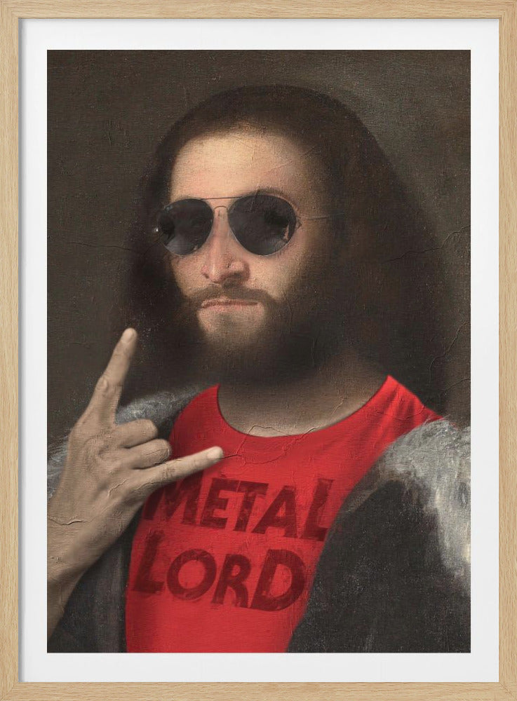 A parody artwork in the style of a classical oil painting, depicting a figure resembling Jesus Christ wearing black aviator sunglasses, a red tank top with 'METAL LORD' text, and making a 'rock on' hand gesture. Wall Art