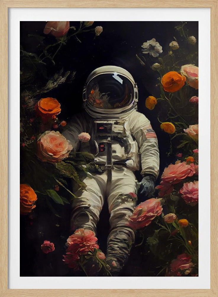 A painterly artwork of an astronaut in a white spacesuit floating in the dark void of space, surrounded by an abundance of vibrant pink, orange, and white flowers that bloom around them. Wall Art