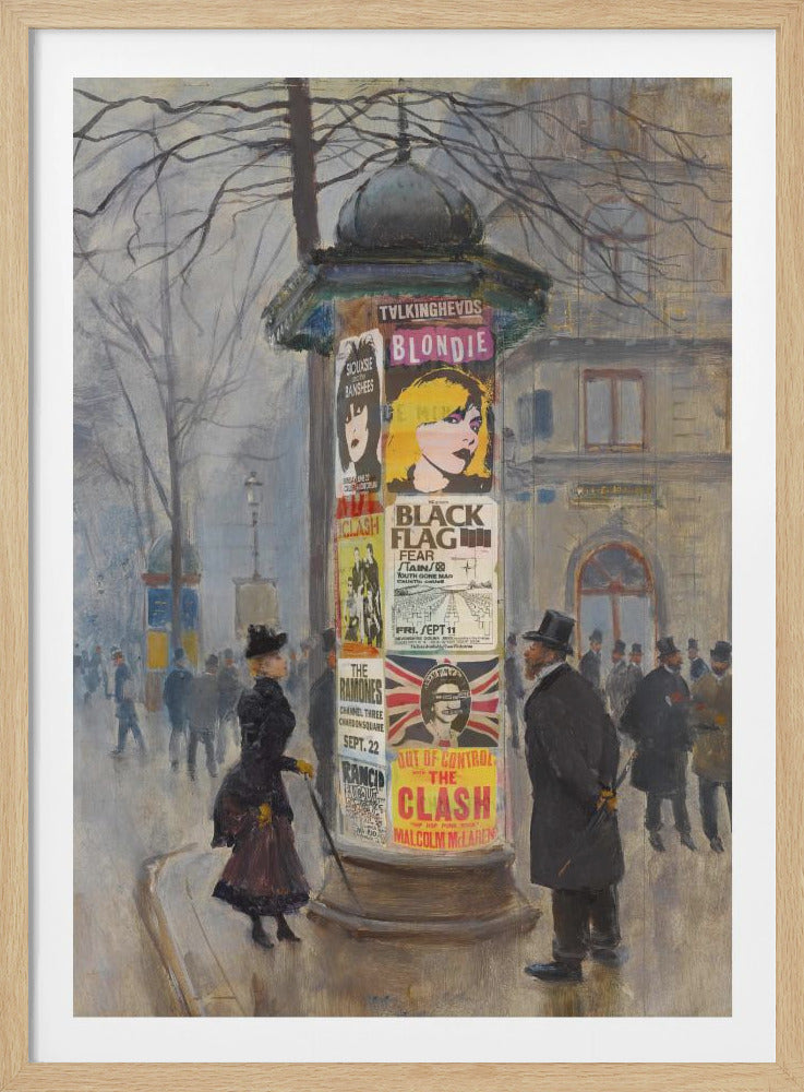 An impressionist-style painting of a 19th-century Parisian street scene, where a man and a woman in period clothing stand by a large advertising column plastered with anachronistic punk rock band posters for groups like Blondie, The Clash, and Black Flag. Print