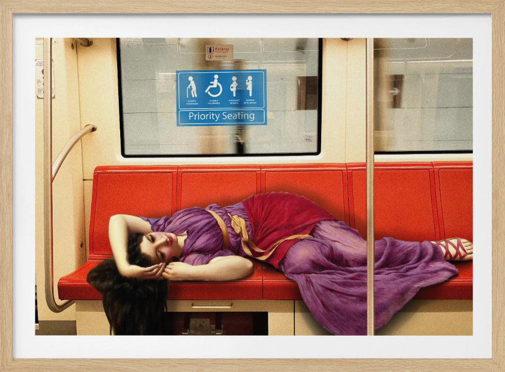 A framed surrealist artwork depicting a woman in a classical purple and red toga sleeping across a row of modern red subway seats. Above her on the window is a blue 'Priority Seating' sign, creating a humorous juxtaposition between ancient and modern life. Artwork