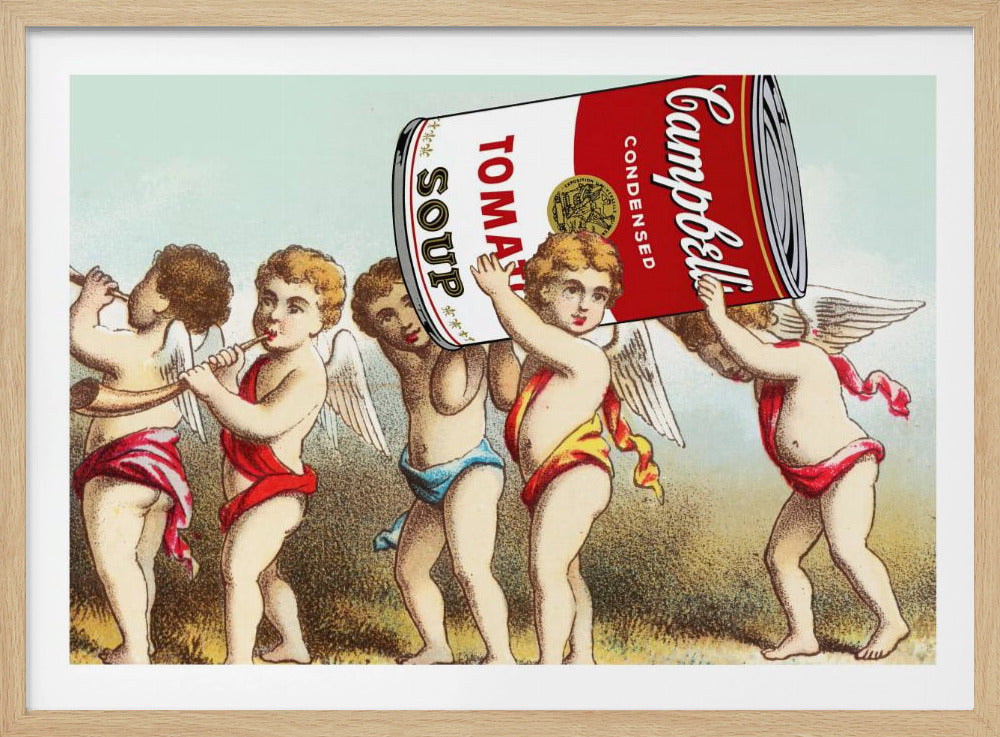 A humorous pop art collage depicting five winged cherubs carrying a giant Campbell's Tomato Soup can in a procession. Two cherubs at the front play horns while three others hoist the can on their shoulders, set against a simple landscape with a pale green sky. Wall Art