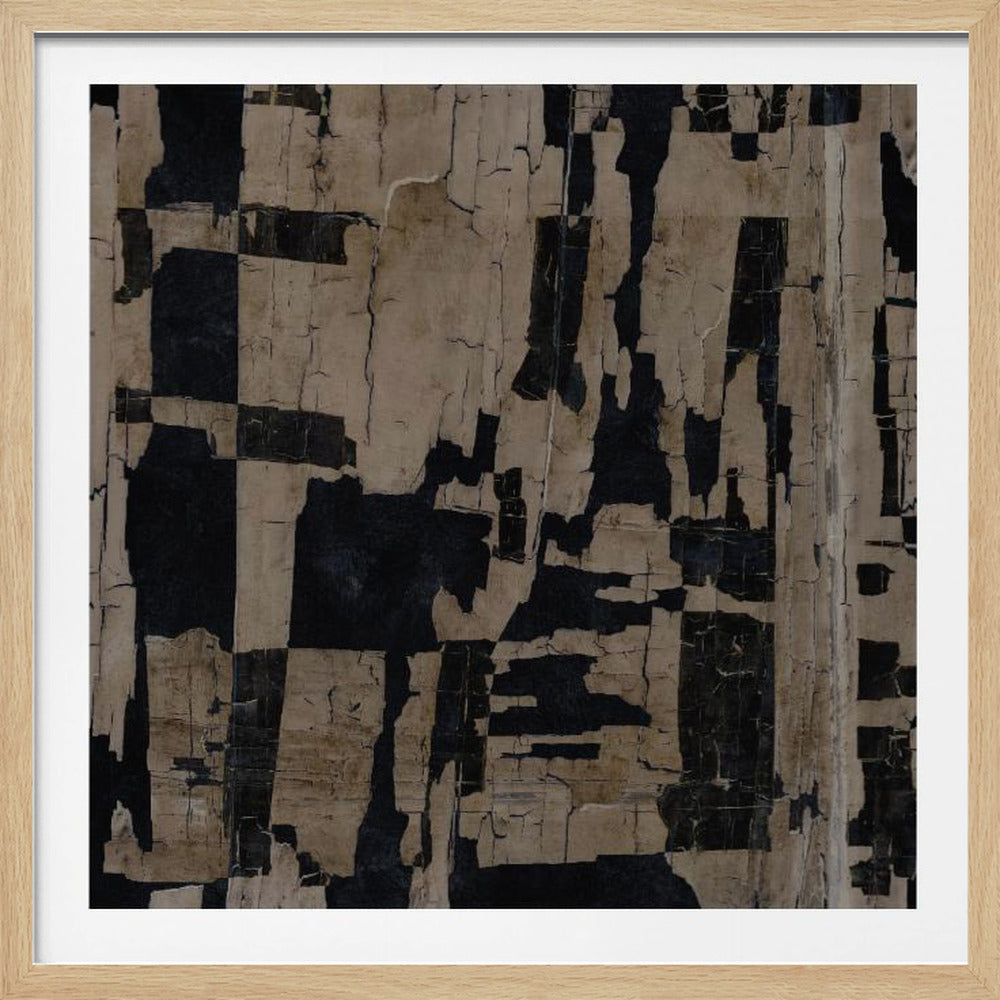 A framed abstract artwork featuring a heavily distressed and textured surface. The composition shows layers of cracked and peeling beige paint or paper over a black background, with some areas forming a fragmented checkerboard pattern. Artwork
