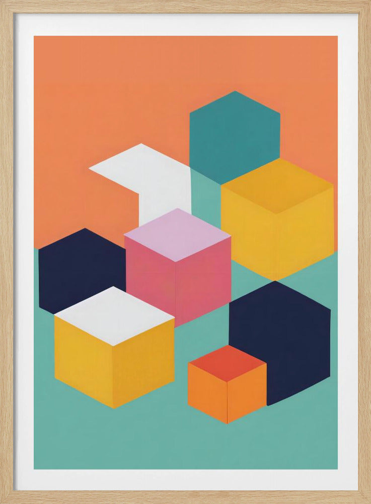 A modern abstract art print featuring a collection of colorful isometric cubes and hexagons against a two-toned background of orange and teal. The geometric shapes are in shades of navy, yellow, pink, white, and orange, arranged to create a 3D illusion. Decor