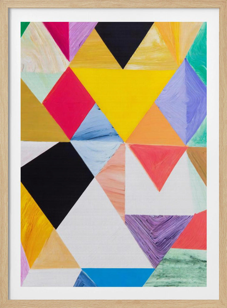 A colorful abstract painting with a geometric pattern of triangles in various hues like yellow, pink, purple, blue, green, orange, black, and white. The paint is applied thickly, showing visible brushstrokes and texture. The piece is set in a simple black frame. Poster