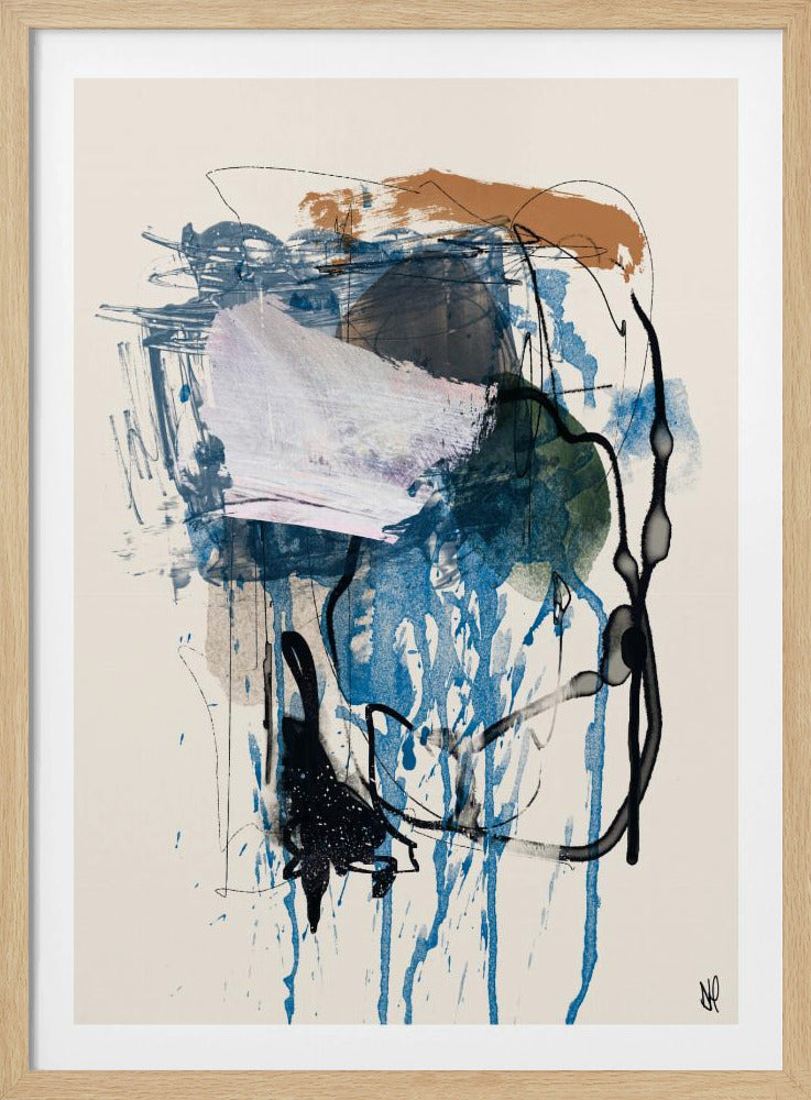 A framed vertical abstract painting on an off-white background. The composition features vibrant blue drips running down the canvas, bold black gestural lines, a textured smear of white paint, and smudges of brown and dark green, creating a layered and energetic piece. Artwork