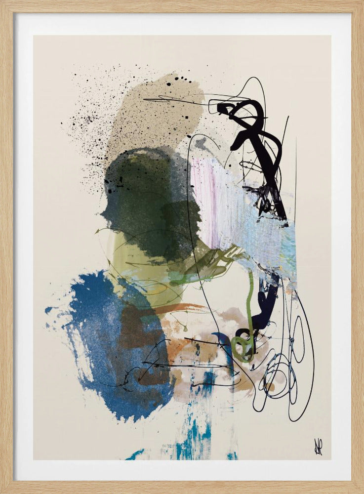 A vertical abstract painting in a thin black frame. On a cream-colored background, there are layered washes of deep blue, olive green, and beige, overlaid with energetic black calligraphic lines, scribbles, and splatters of ink. Wall Art