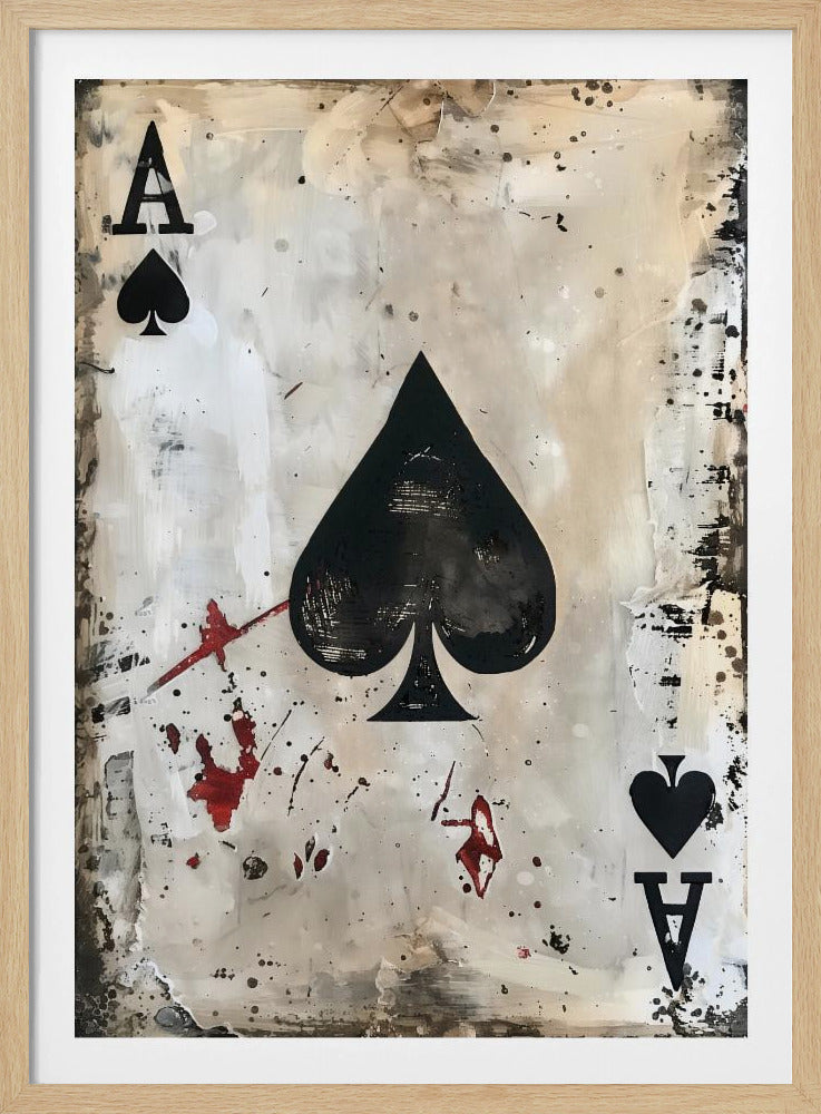 A framed piece of abstract art depicting the Ace of Spades. The painting has a distressed, grunge aesthetic with a smudged white and beige background, splattered with black ink and red paint resembling blood stains. Decor