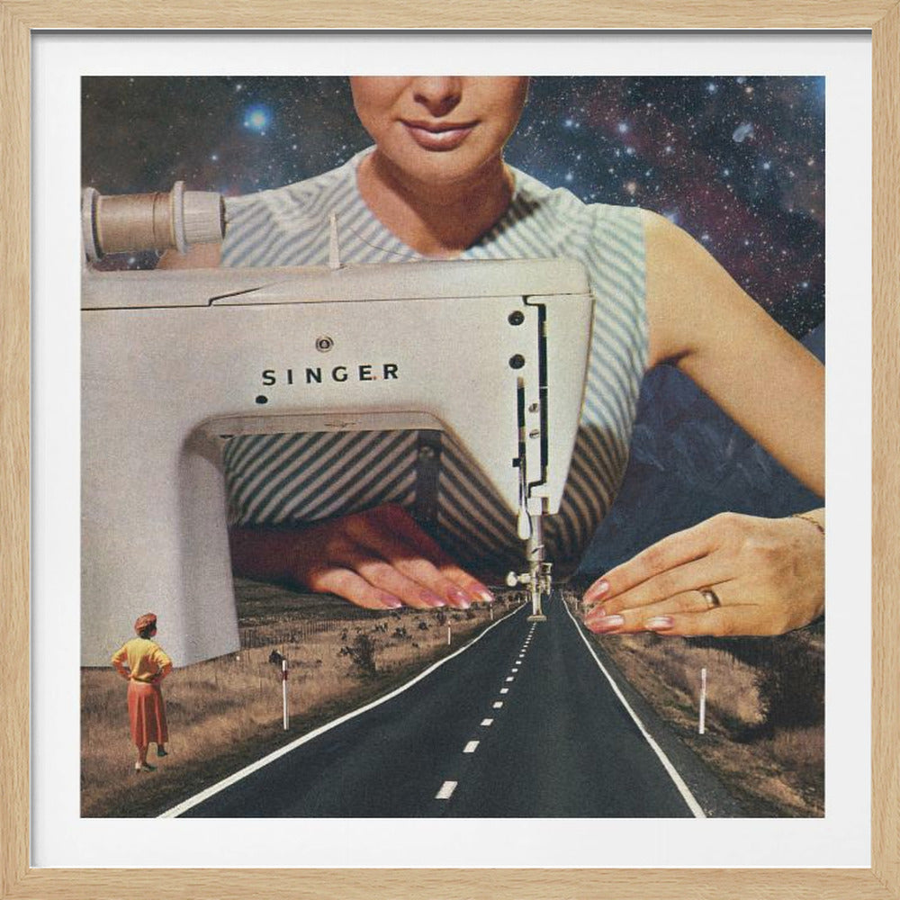 A surreal collage in a light wood frame featuring a giant woman in a striped dress using a vintage Singer sewing machine to stitch the white dashed lines onto an empty road that stretches into the distance. The background behind the woman is a starry galaxy, and a small woman in vintage clothing stands on the side of the road looking on. Print
