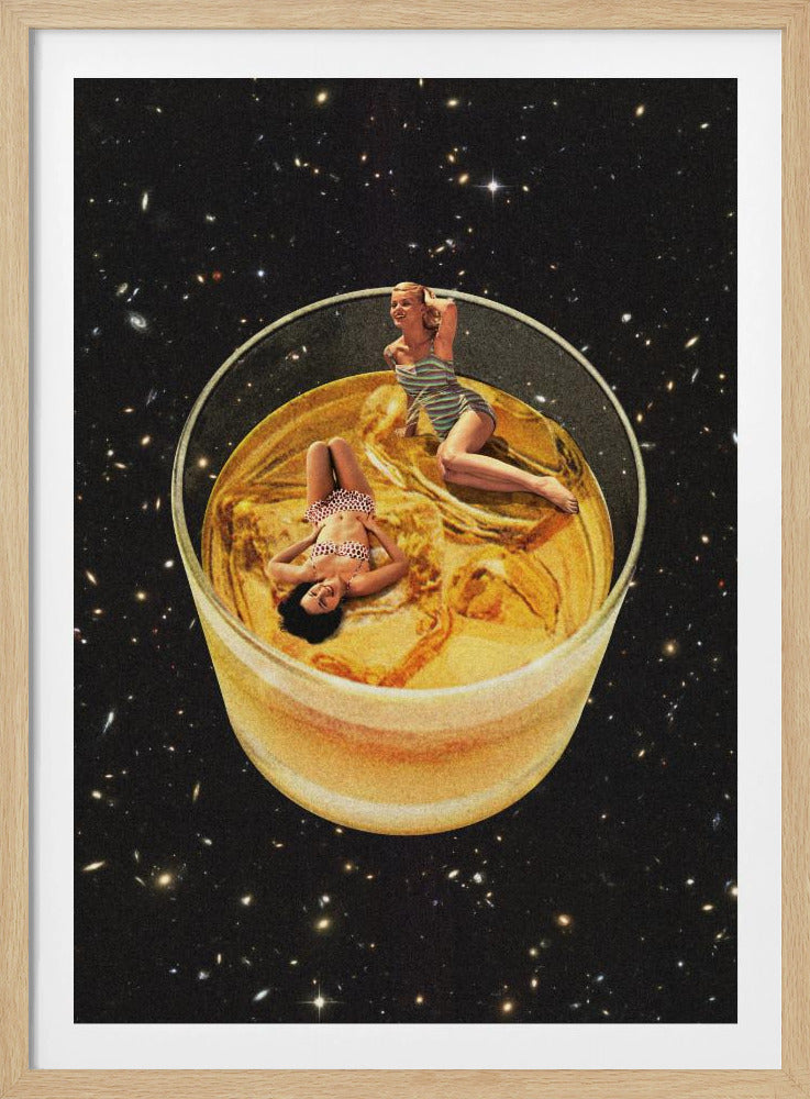 A surreal collage featuring two women in vintage swimsuits lounging in a large glass of golden liquid, floating in the middle of a starry outer space. Decor