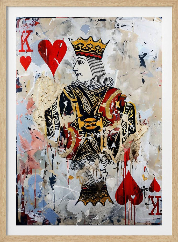 A modern abstract painting featuring the King of Hearts playing card. The artwork has a distressed, layered look with paint splatters, drips, and torn paper effects on a white and beige background. The king figure is centrally located, with red hearts and the letter 'K' in the corners. Artwork