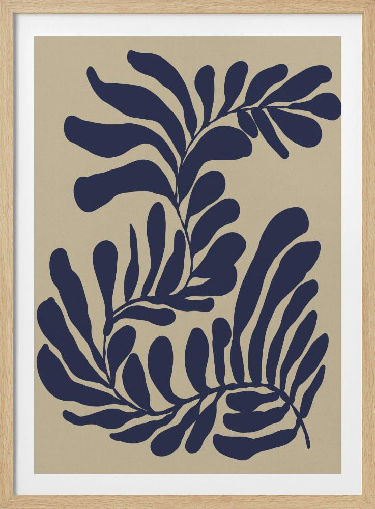A framed minimalist art print featuring two stylized botanical branches in a bold navy blue against a solid beige background. The leaves are abstract and organic, reminiscent of Matisse's paper cut-outs. Print