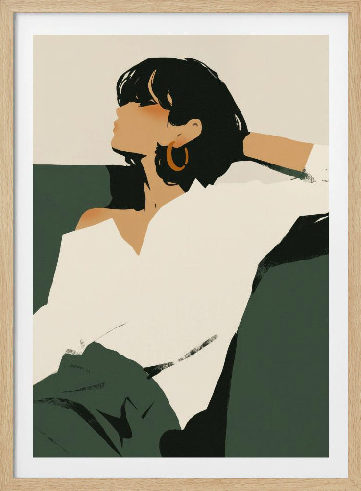 A minimalist illustration of a woman with short black hair and a gold hoop earring, relaxing on a dark green couch. She wears a white shirt and her arm is behind her head, her face turned up in profile. The artwork is framed in black. Print