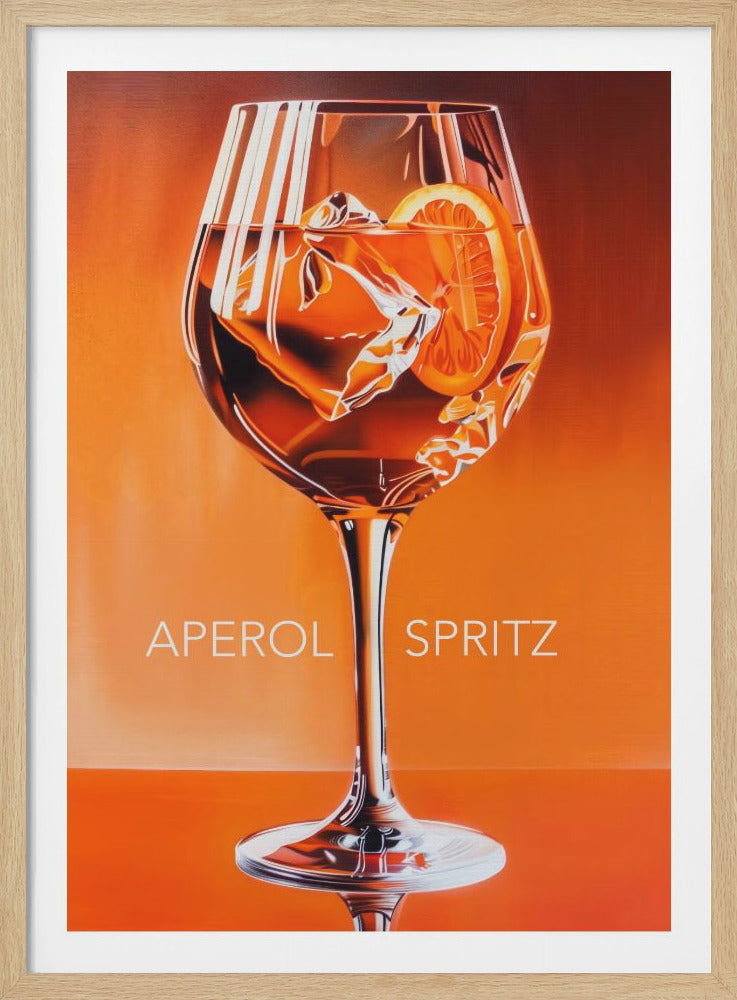 A stylized, framed poster of an Aperol Spritz cocktail in a large wine glass. The vibrant orange drink is filled with ice cubes and a slice of orange, with dramatic white highlights. The background is a smooth orange gradient, and the words 'APEROL SPRITZ' are printed below the bowl of the glass. Print