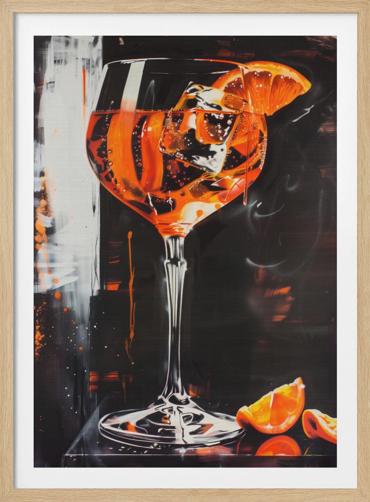 A vibrant, modern painting of a large wine glass filled with a bright orange cocktail, likely an Aperol Spritz, complete with ice cubes and an orange slice garnish. The background is a dark, abstract composition with white and orange brushstrokes and splatters. Two orange wedges rest on the surface next to the base of the glass. Poster