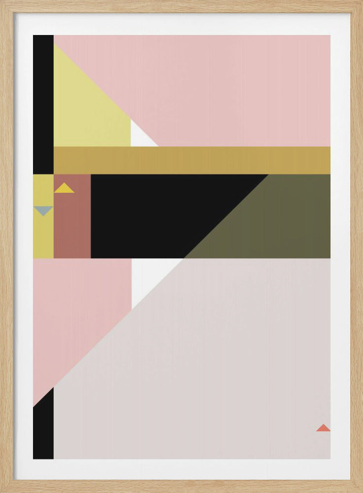 A vertical abstract geometric artwork in a black frame, featuring a composition of color blocks and triangles in shades of pink, black, pale yellow, mustard, and olive green. A prominent mustard-colored band divides the upper portion of the piece. Wall Art
