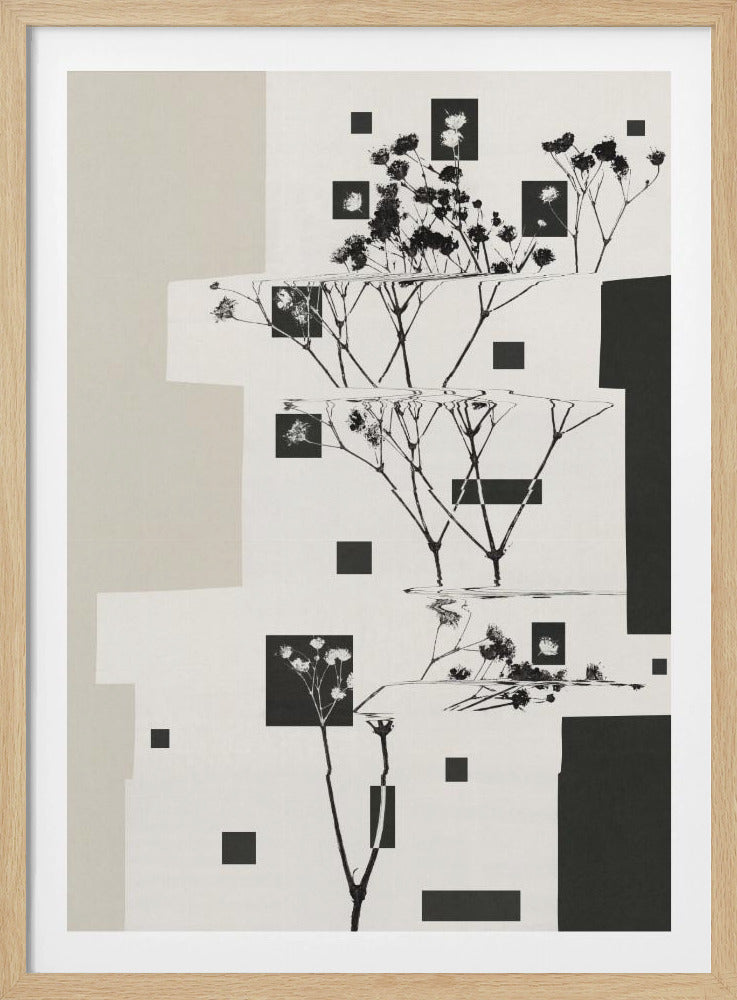 A modern abstract collage in black, white, and beige. The artwork features fragmented black silhouettes of delicate wildflowers, with some sections appearing as water reflections. The composition is interspersed with solid black geometric squares and rectangles, creating a layered and surreal effect. Print