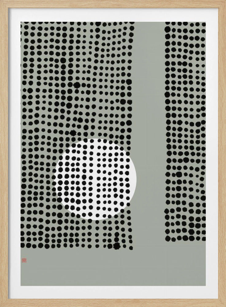 A framed abstract artwork with a light grey background. Two vertical panels filled with a pattern of black dots are separated by a solid grey stripe. Overlaid on the left panel is a large white circle which also contains the black dot pattern, creating a layered effect. Poster