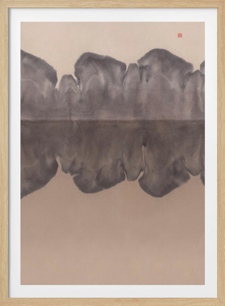 A minimalist abstract ink wash painting in a black frame. It features a symmetrical composition with a dark grey, cloud-like mountain range reflected perfectly below a thin horizontal line against a muted beige background. A small red artist's seal is visible in the upper right corner. Artwork