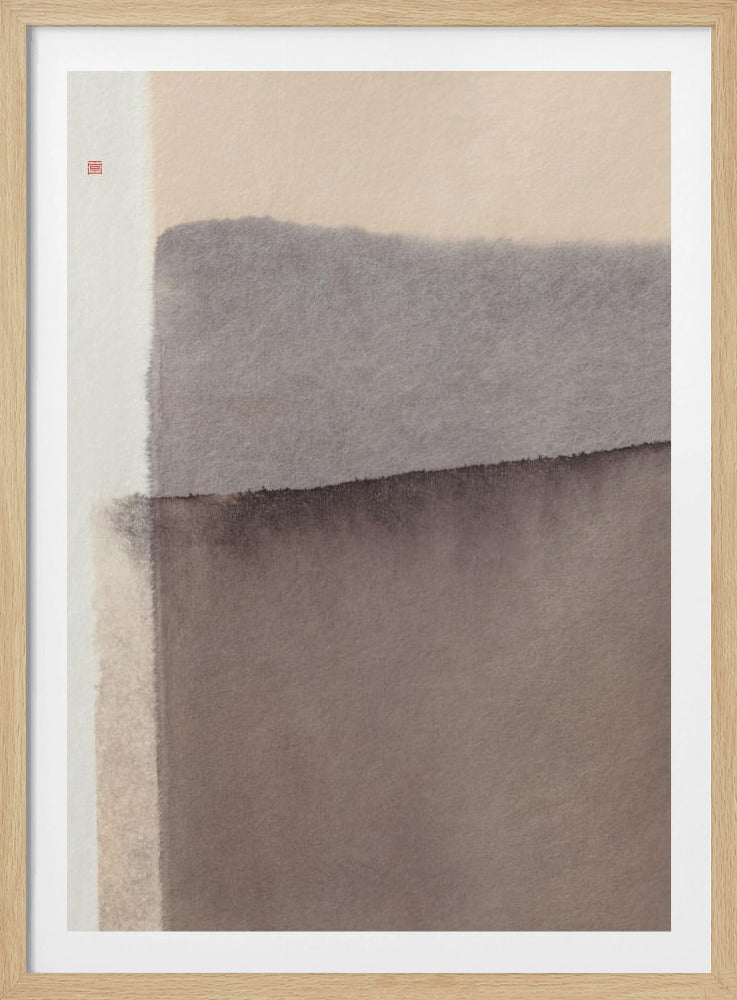 A vertical abstract watercolor painting in a black frame, featuring layered blocks of muted earth tones. A light beige section is at the top, followed by overlapping bands of gray and dark brown. A vertical off-white stripe runs down the left side, next to which is a small red artist's seal. Artwork