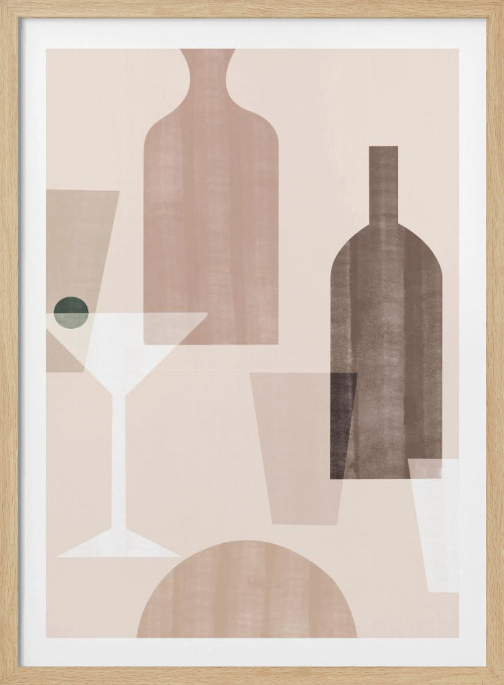 An abstract still life artwork featuring overlapping, translucent shapes of bottles and glasses in a muted palette of brown, beige, and dusty pink. A stylized white martini glass with a dark green olive stands out against the soft-colored background. Poster