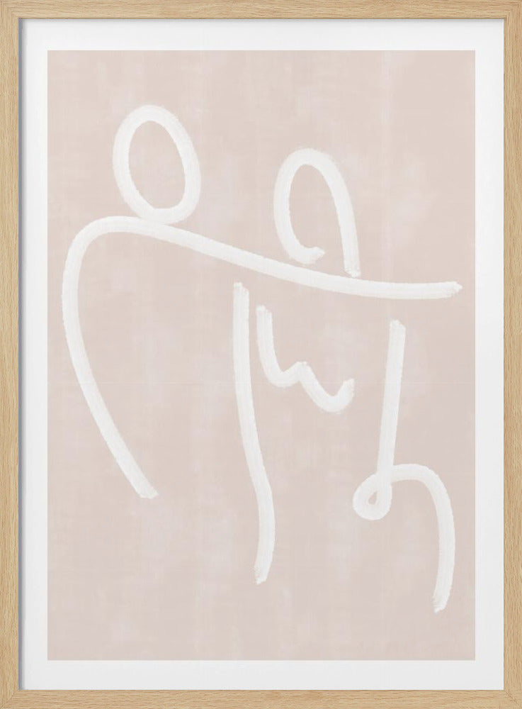 A minimalist abstract painting in a black frame, featuring a single continuous white line that forms the outline of two figures embracing against a soft, textured beige-pink background. Wall Art