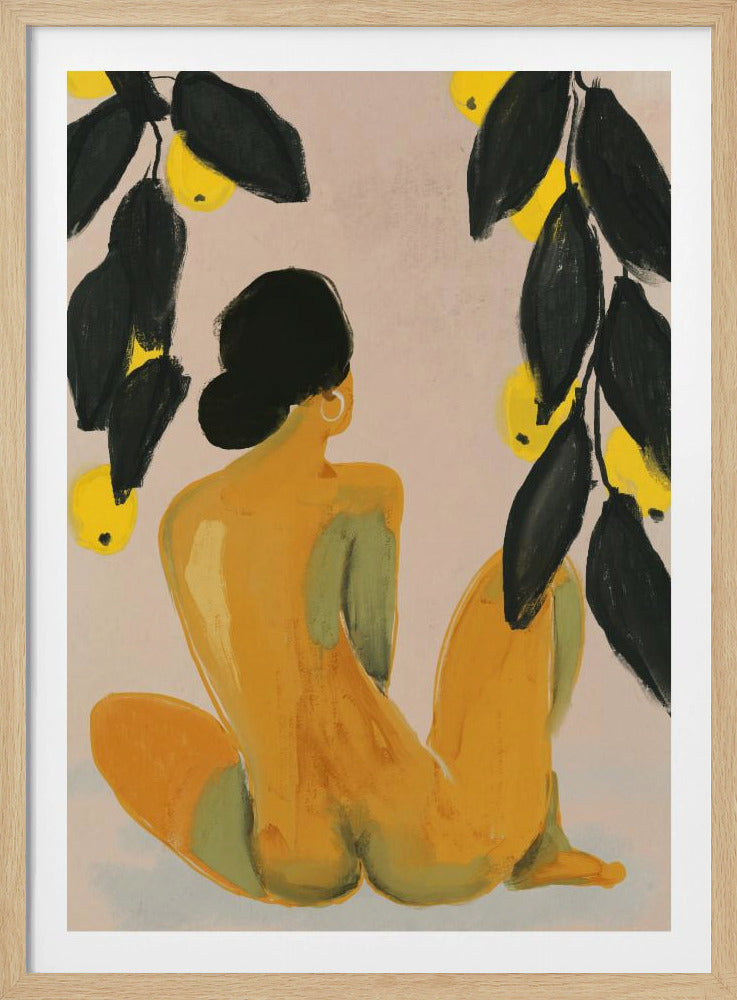 A painterly illustration of a seated nude figure seen from the back, with their body rendered in shades of yellow and green. They have black hair in a bun and a gold hoop earring. Lemon tree branches with dark green leaves and bright yellow lemons frame the top of the composition against a pale beige background. Decor