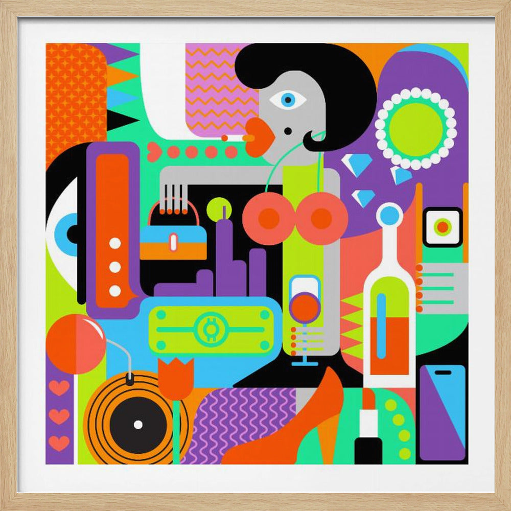 A vibrant and colorful abstract pop art composition in a light wood frame, depicting a party or nightlife scene. It features a stylized woman's face, cherry earrings, a wine bottle, a high-heeled shoe, a handbag, and a record player amidst a collage of bold geometric shapes and patterns in shades of orange, purple, blue, and green. Poster