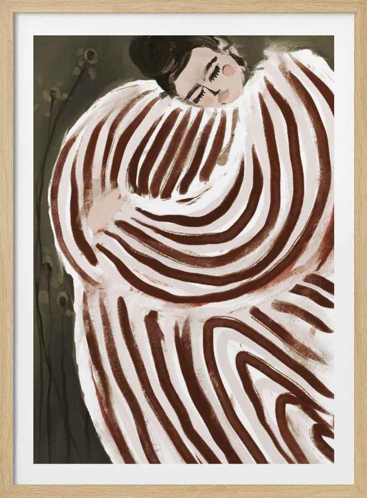 A stylized painting of a person with their eyes closed, resting their head on their shoulder. They are wrapped in a large, voluminous garment with bold, swirling brown and off-white stripes against a dark, muted green background. Decor