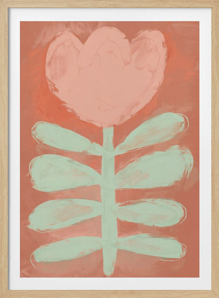 A stylized painting of a single flower with a large, heart-shaped pink blossom and a pale green stem with leaves, set against a textured coral background and framed in black. Poster