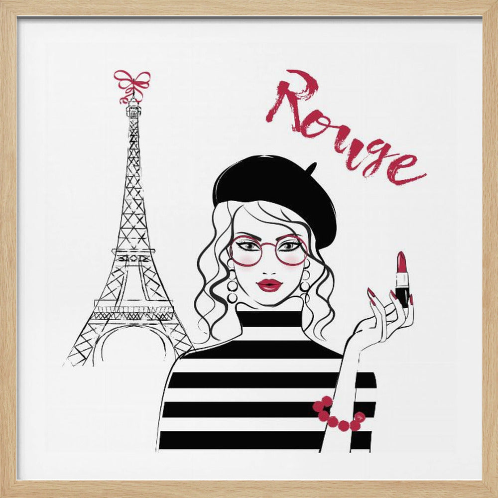 A black, white, and red fashion illustration of a stylish woman wearing a black beret, red glasses, and a striped turtleneck. She is holding a tube of red lipstick. In the background is a line drawing of the Eiffel Tower with a red bow on top, and the word 'Rouge' is written in red script. Print