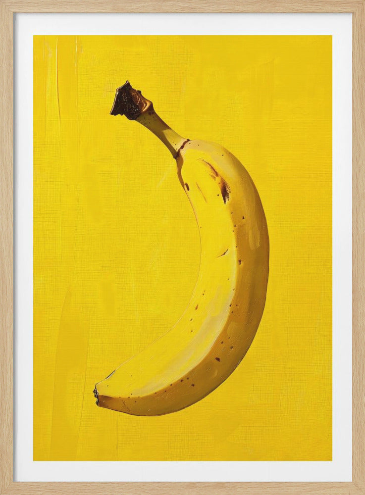 A framed pop art style painting of a single ripe banana set against a solid, textured, bright yellow background. The banana has a few brown spots, indicating ripeness. Poster