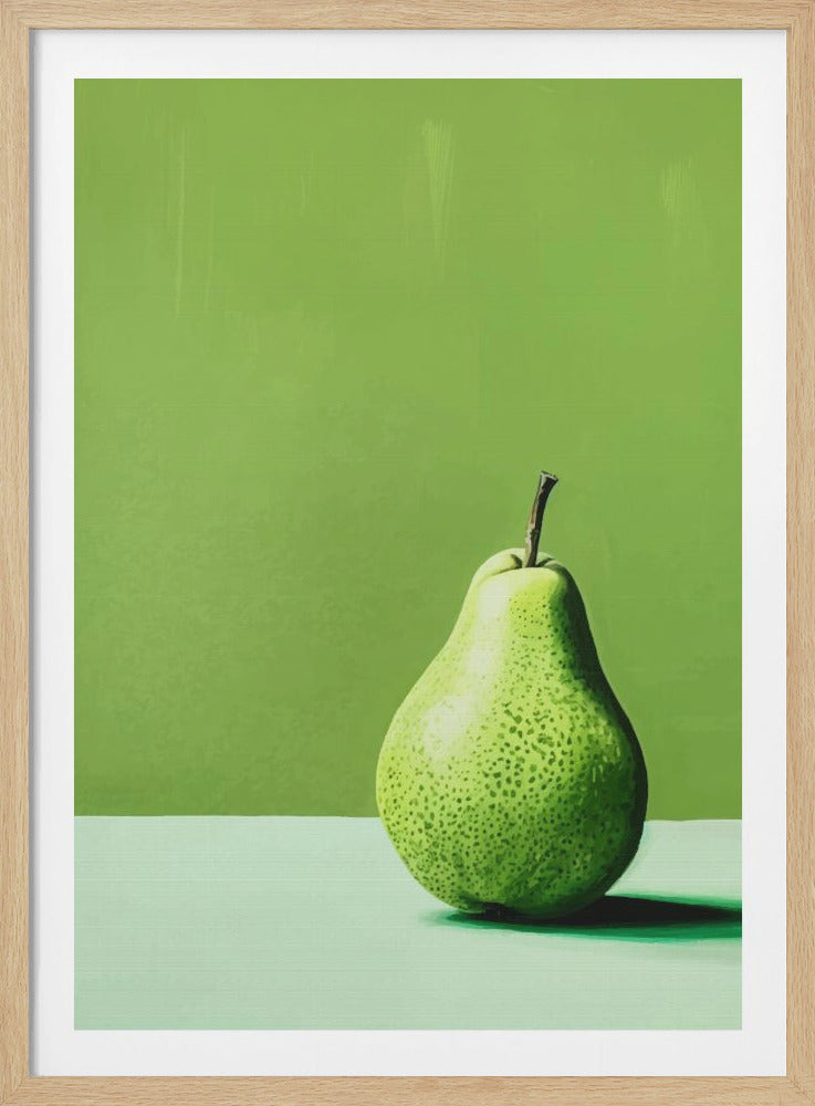 A minimalist still life painting of a single speckled green pear sitting on a pale green surface against a vibrant lime green background, enclosed in a thin black frame. Print