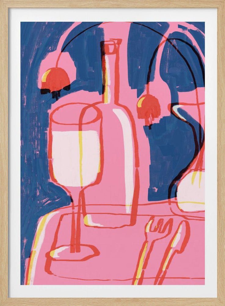 An abstract still life painting featuring a vibrant pink table setting against a deep blue background. The composition includes the overlapping red and yellow outlines of a wine glass, a bottle, and cutlery. Abstract red shapes resembling cherries or lamps hang in the background, adding to the modern and expressive feel. Poster
