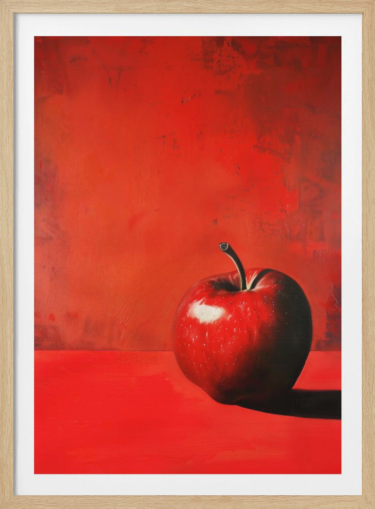 A hyperrealistic painting of a single, shiny red apple sitting on a vibrant red surface. The background is a textured, darker red wall, creating a monochromatic effect. The apple is positioned in the lower right quadrant, casting a dark shadow. The entire artwork is enclosed in a simple black frame. Artwork