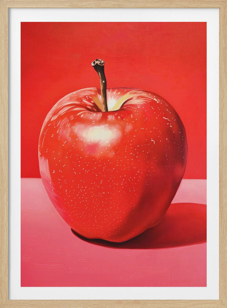 A hyperrealistic painting of a large, shiny red apple centered in the frame. The apple has a dark stem, white speckles, and a bright white highlight. It sits on a pink surface against a vibrant red background, all enclosed in a simple black frame. Poster
