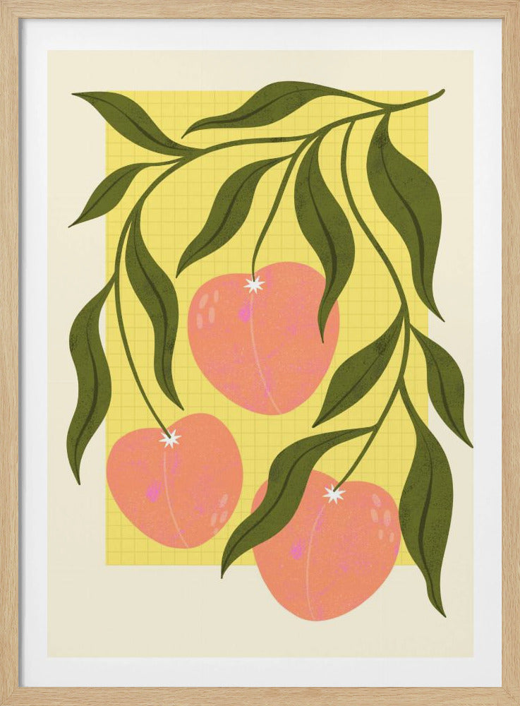 A framed graphic illustration of three ripe, pink peaches hanging from a leafy green branch. The fruit is set against a bright yellow grid pattern on a cream-colored background, creating a modern and cheerful look. Decor