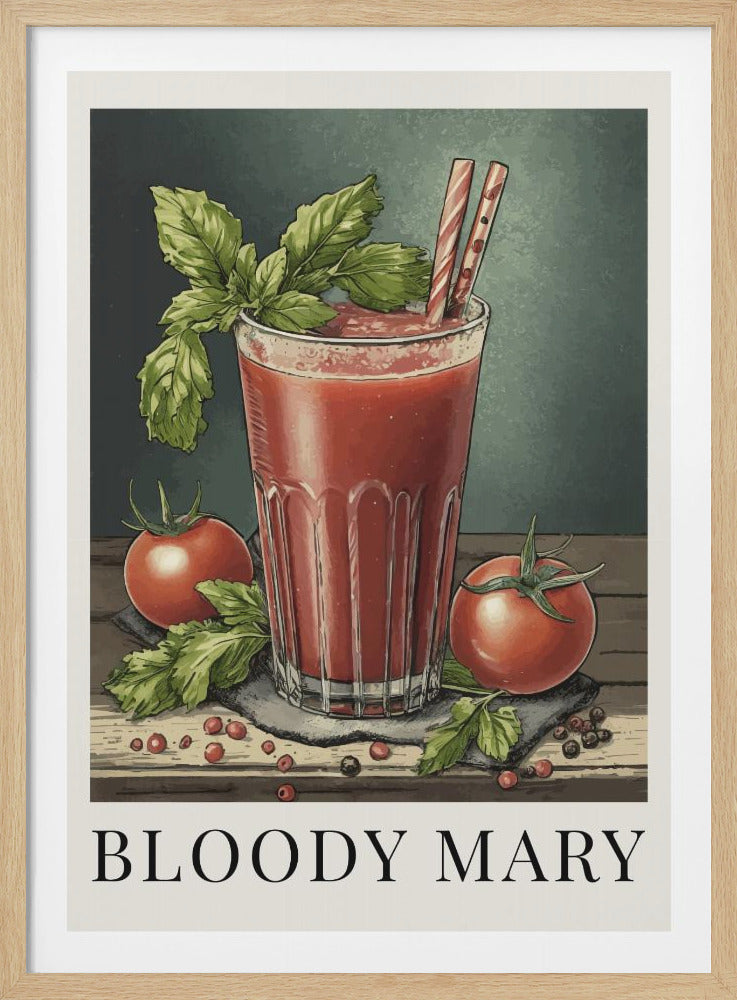 A vintage-style poster illustrating a Bloody Mary cocktail. The red drink is in a tall glass with two straws and a basil garnish, surrounded by fresh tomatoes and peppercorns on a wooden table. The text 'BLOODY MARY' is printed at the bottom. Print