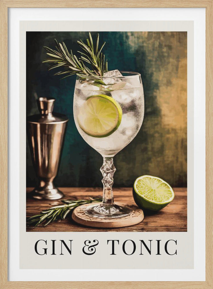 A vintage-style poster featuring a close-up photograph of a Gin & Tonic cocktail. The drink is in a fancy stemmed glass filled with ice, a slice of lime, and a sprig of rosemary. It sits on a wooden coaster on a dark wood surface. In the background, there is a silver cocktail shaker and a dark teal and brown textured wall. The image has a white border at the bottom with the words 'GIN & TONIC' in a black serif font. The entire piece is enclosed in a simple black frame. Wall Art