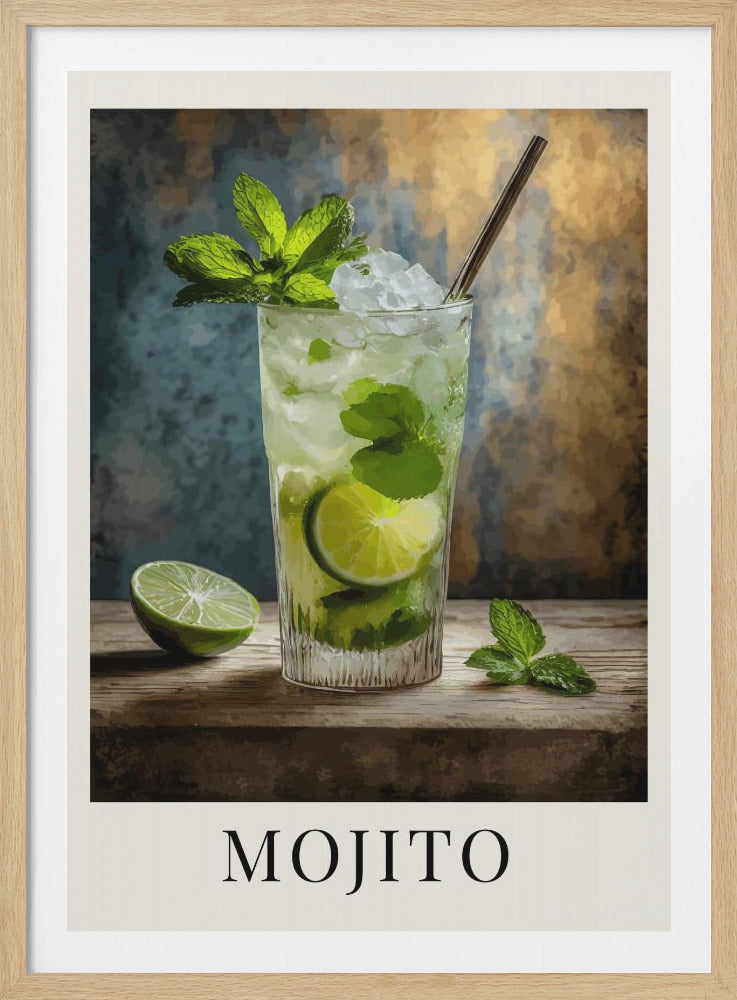 A vintage-style poster featuring a painterly illustration of a mojito cocktail. The tall glass is filled with ice, lime slices, and fresh mint, and sits on a rustic wooden table. The background is a textured blend of blue and gold, and the word 'MOJITO' is printed at the bottom in a classic serif font. Decor