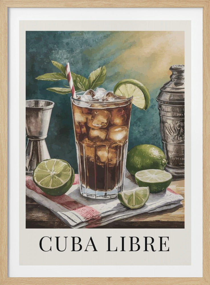 A vintage-style watercolor painting of a Cuba Libre cocktail. The tall glass is filled with a dark soda, ice, a mint sprig, a lime wedge, and a red and white striped straw. Surrounding the drink are fresh limes, a cocktail shaker, and a jigger on a wooden surface. The text 'CUBA LIBRE' is at the bottom. Print