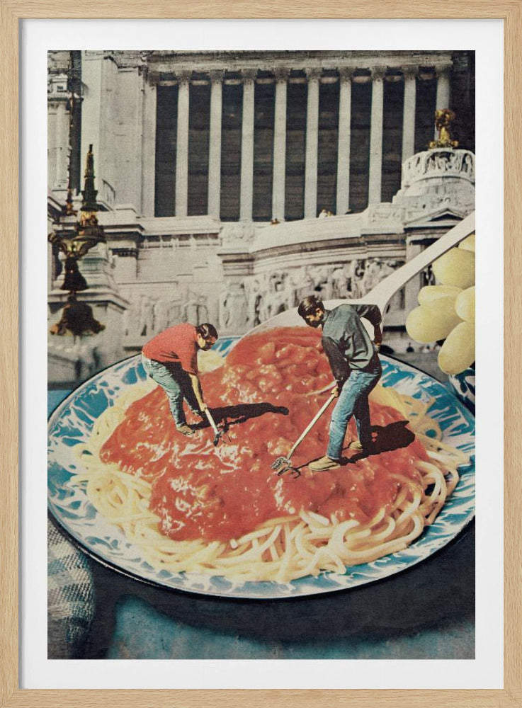 A surreal vintage collage depicting two miniature men using garden tools, like a rake and a hoe, to work on a giant plate of spaghetti with red sauce, set against the backdrop of a classical Roman building. Artwork