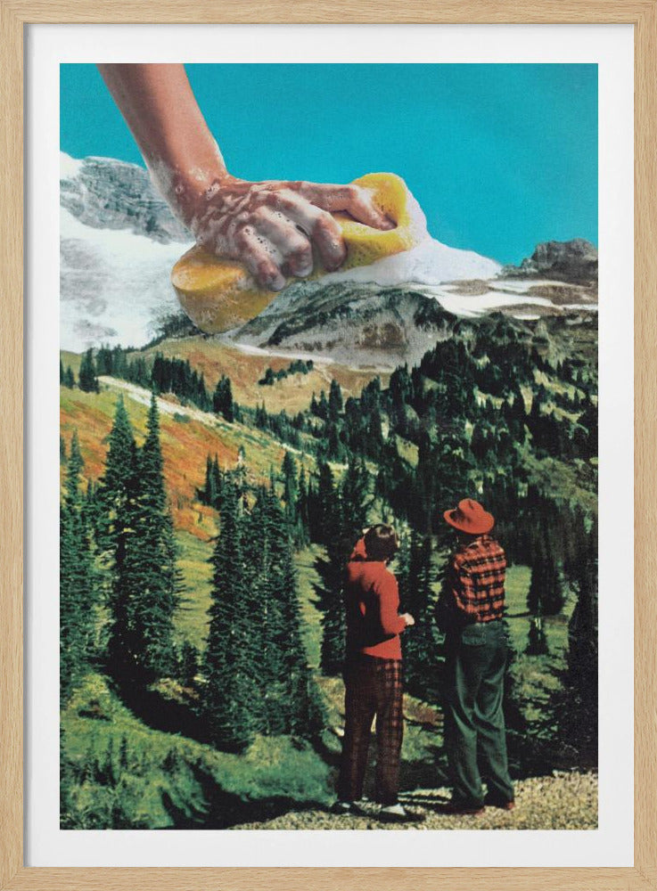 A surrealist collage featuring two people in vintage attire standing in a lush, green mountain landscape. Above them, a giant, soapy hand emerges from the top of the frame, washing the snow-capped mountain peaks with a yellow sponge against a bright blue sky. Print