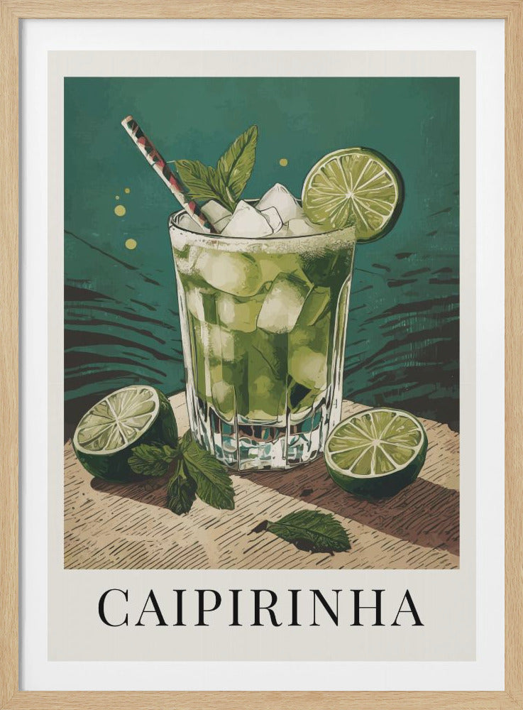 A vintage-style illustration of a Caipirinha cocktail in a glass with ice, mint, and a lime wedge garnish. The glass sits on a wooden surface with cut limes and mint leaves around it, all set against a dark teal background. The word 'CAIPIRINHA' is written at the bottom. Print