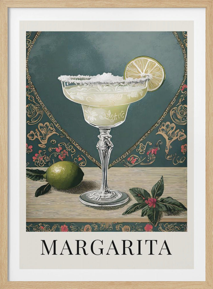 A vintage-style art print featuring a margarita cocktail in an ornate glass with a salted rim and a lime wedge. The glass sits on a light-colored wooden table next to a whole lime and a leafy sprig with pink flowers. The background is dark teal with an elegant gold and pink patterned border. At the bottom, the word 'MARGARITA' is written in a black serif font. Poster